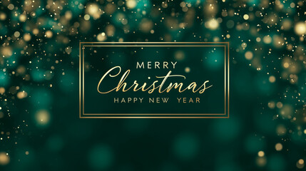 Elegant green Merry Christmas and Happy New Year greeting card with golden frame, perfect for holiday invitations, branding, packaging, or festive digital designs.