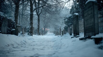 A snowy path through a cemetery with old headstones,