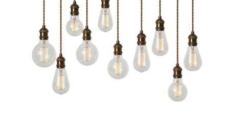 Group of vintage light bulbs hanging isolated on transparent background