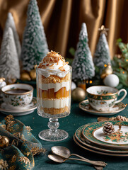 Festive Christmas trifle dessert with almonds and caramel in a glass. Vertical photo of an elegant holiday table setting with coffee and decorations