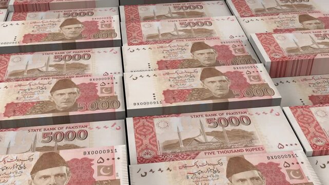Pakistan 5000 Rupee Horizontal 3D Animation ? Realistic Money Flow, Business, Investment, Economy, Banking, and Currency Exchange Visualization for Financial Concept