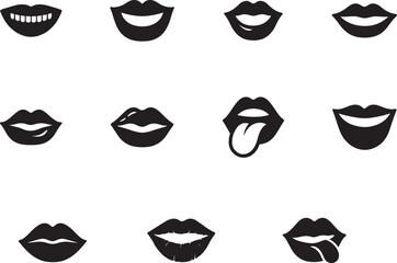 Smiling lips icon set vector, collection of mouth expressions showing happiness and joy.