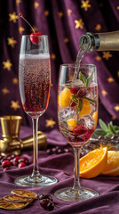 Pouring champagne into a festive holiday cocktail with cranberry and orange. Vertical photo of elegant sparkling wine drinks for a Christmas or New Year's Eve celebration