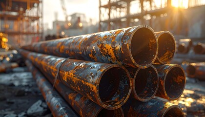 Rusty pipes stacked in a construction site during sunset, with industrial activity in the background