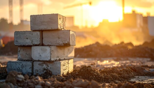 Stacked concrete blocks at a construction site during sunset, with cranes and dust in the background