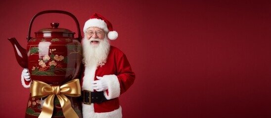 Fototapeta premium Happy Asian Santa Claus holding a giant ornate Japanese teapot with a gold bow. Festive Christmas holiday concept with a unique gift. Wide banner with copy space on a red background