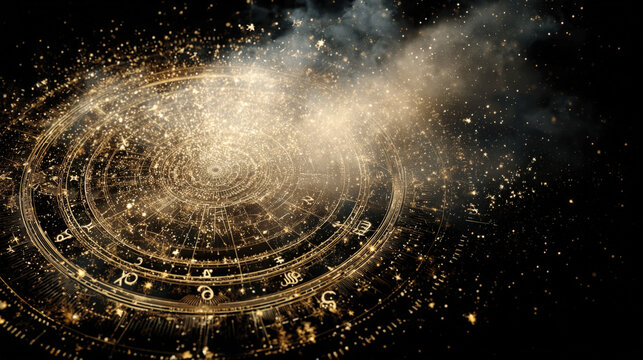 celestial wheel or zodiac chart explodes with sparkling dust and cosmic energy against a dark background. Features astrological signs, stars, and mystical light for esoteric, fantasy, astronomy themes - Powered by Adobe