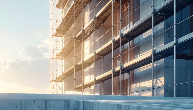 Modern construction site with scaffolding at sunset, showcasing architectural progress and urban development