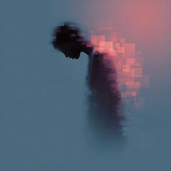 illustration of emotional burnout, person made of fading pixels, mental exhaustion concept