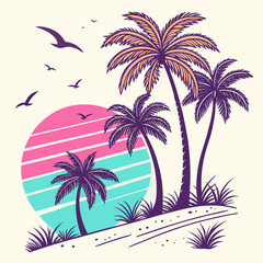 Tropical beach scene with palm trees and birds