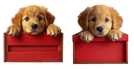 Two adorable golden retriever puppies peeking out of red wooden crates, isolated on transparent background