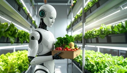 A humanoid robot carefully holds a box of fresh vegetables in a modern indoor garden setting
