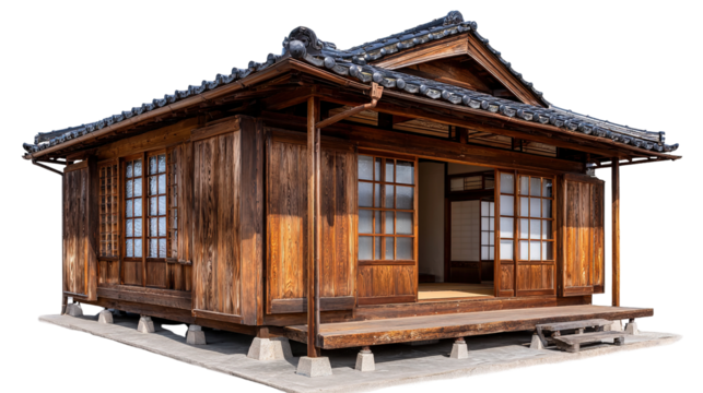 Wooden Japanese House: A rustic wooden Japanese house stands in quiet elegance, revealing the beauty of traditional craftsmanship with its open doors and windows.
