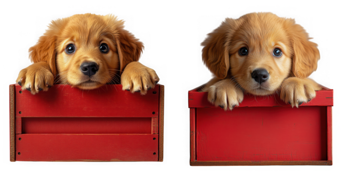 Two adorable golden retriever puppies peeking out of red wooden crates, isolated on transparent background
