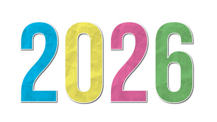 Colorful 2026 Text Design in Blue, Pink, Yellow and Green Isolated on Transparent Background