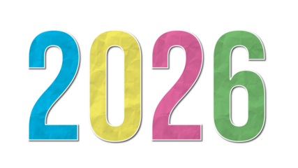 Colorful 2026 Text Design in Blue, Pink, Yellow and Green Isolated on Transparent Background