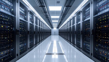 Modern data center with rows of servers and illuminated panels, showcasing advanced technology infrastructure