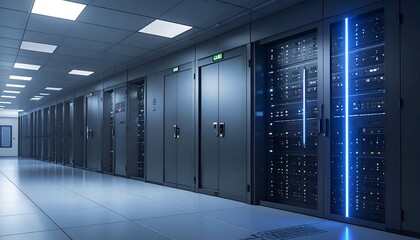 Modern server room with rows of high-tech servers and blue LED lights illuminating the space