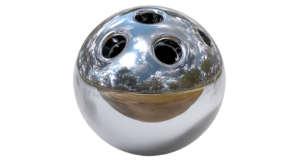 Shiny Metallic Orb: A highly reflective, spherical metallic object gleaming under bright lights. Its surface mirrors the surroundings, adding a captivating play of light and shadow.