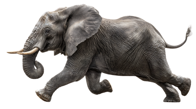 African elephant running powerfully, isolated on transparent background