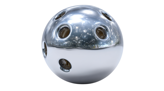 Orb's Aperture: A chrome orb, featuring a polished, reflective surface and precisely positioned apertures, symbolizing modern industrial aesthetics and functional design.