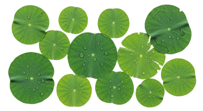 Overhead shot of fresh green lotus leaves isolated on transparent background