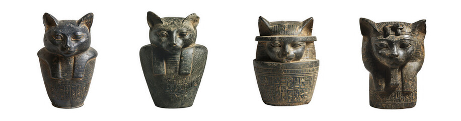 Four ancient stone owl effigies with weathered textures, displayed individually isolated on transparent background