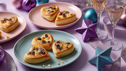 Heart-shaped custard and raisin pastries on pastel plates. Festive dessert for a celebration with champagne and decorations. Romantic food for a Valentine's Day party
