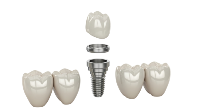 Dental implant with crown and bridge isolated on transparent background