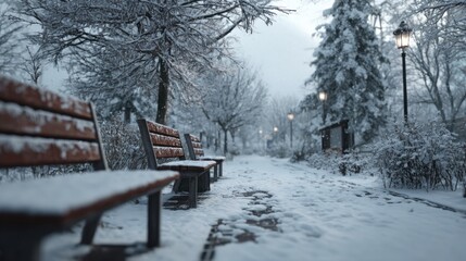A snowy path through a park with benches,