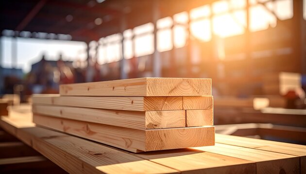 Stacked wooden planks in a sunlit warehouse with construction materials in the background