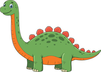 Green dinosaur cartoon character, long neck, red plates, vector illustration for children, prehistoric animal design, nursery wall art decor