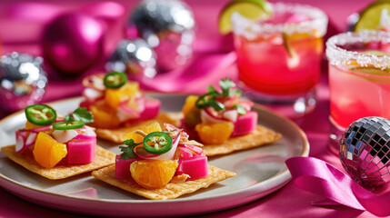 Festive pink appetizers and cocktails for a party. Gourmet crackers with citrus and jalapeño toppings. A vibrant celebration scene with disco ball decorations