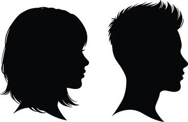 Human head silhouettes male and female profiles, hairstyle vector art, fashion design illustration, gender profile drawing, cad drawing flat vector illustration