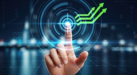 Finger touching a digital target with upward trending arrows