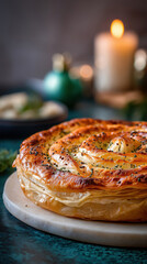 Golden baked savory spiral pie on a festive holiday table. Traditional burek with flaky phyllo pastry for a cozy Christmas dinner