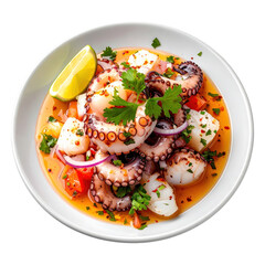 Classic peruvian octopus ceviche with red onions and cilantro, beautifully isolated on a bright white background