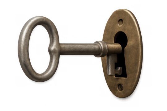 Skeleton key turning in a vintage brass keyhole. Symbolizing discovery, security, access, opportunity, and success
