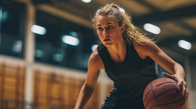 Young female basketball player dribbling basketball in sports hall with focus and determination during practice or training session in modern gym facility