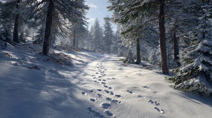 A snowy path through a pine forest with animal tracks,