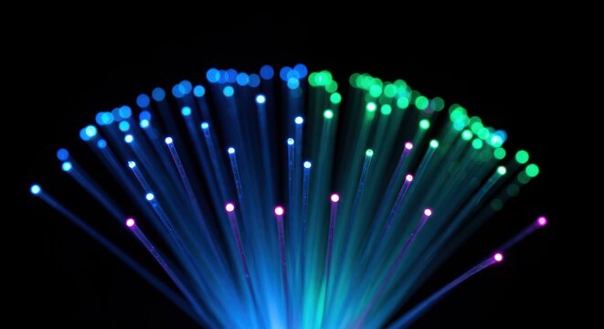 Illuminated optical fibers radiate vibrant colors against a deep black background - Powered by Adobe