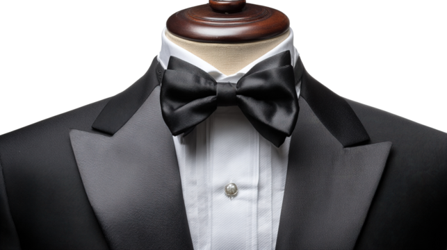 Sophisticated Elegance: A close-up shot of a pristine, black tuxedo, complete with a crisp white shirt, and a classic black bow tie.