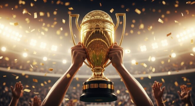 A triumphant winner holds a golden trophy aloft amidst a shower of confetti and cheering crowds in a stadium