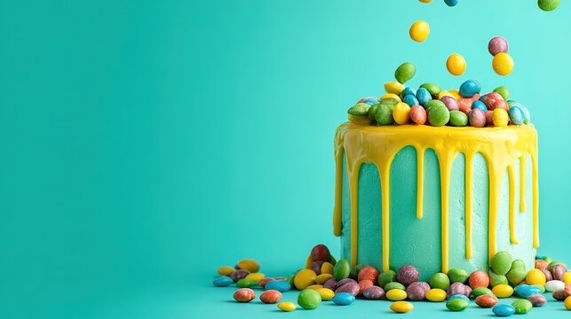 Colorful dripping cake with candy overflow on turquoise background