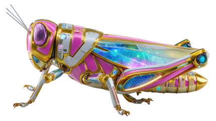 Cybernetic Grasshopper: A vibrant and intricate depiction of a futuristic grasshopper, showcasing a blend of organic and metallic elements. This unique artwork merges nature with technology.