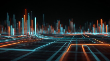 Futuristic Network Visualization with Bright Neon Lines and Dynamic Data Peaks in a Dark Environment for Creative Digital Projects