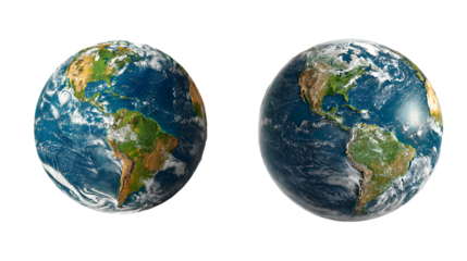 Two realistic globes of planet earth showing continents and oceans, isolated on transparent background