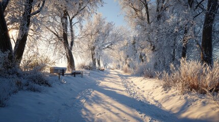 A snowy path through a winter wonderland,