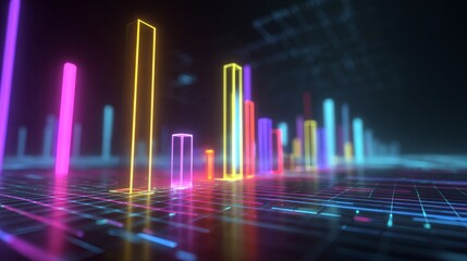 Neon Bars Representing Data Trends and Growth in a Futuristic Digital Interface with Colorful Lines and Shapes in a Cyber Environment