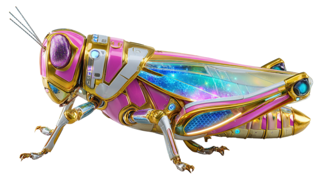 Cybernetic Grasshopper: A vibrant and intricate depiction of a futuristic grasshopper, showcasing a blend of organic and metallic elements. This unique artwork merges nature with technology.